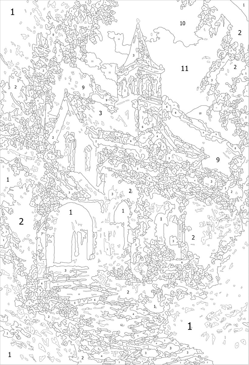 Igreja como desenho de linhas e números para pintar