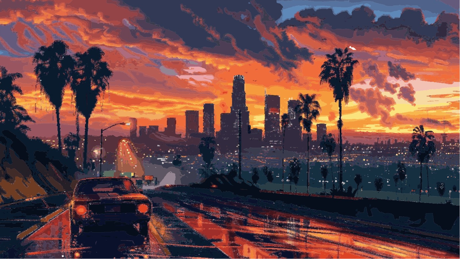 Uma cidade ao pôr-do-sol como pintura por números