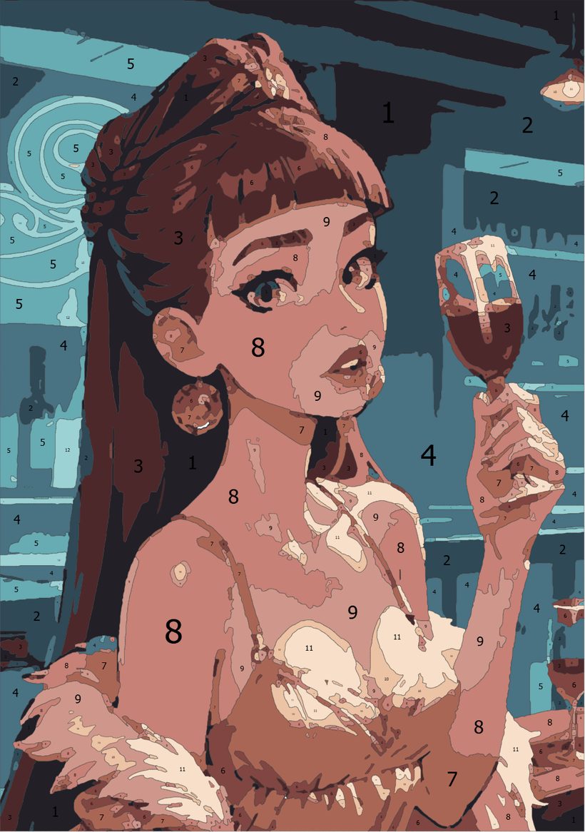 Retrato como pintura por números a cores, com linhas e números