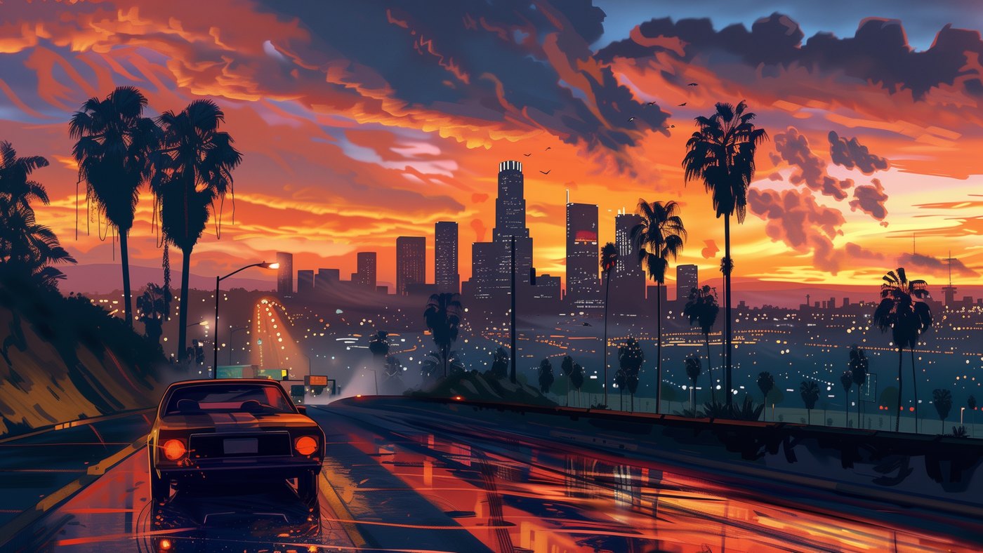 Fotografia de uma cidade ao pôr-do-sol
